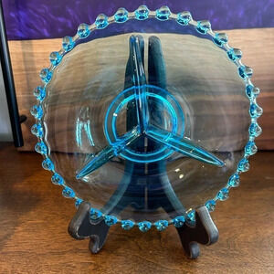Vintage Bohemian Czech Blue Glass Candlewick Divided 3-Section Candy Nut Dish 6"